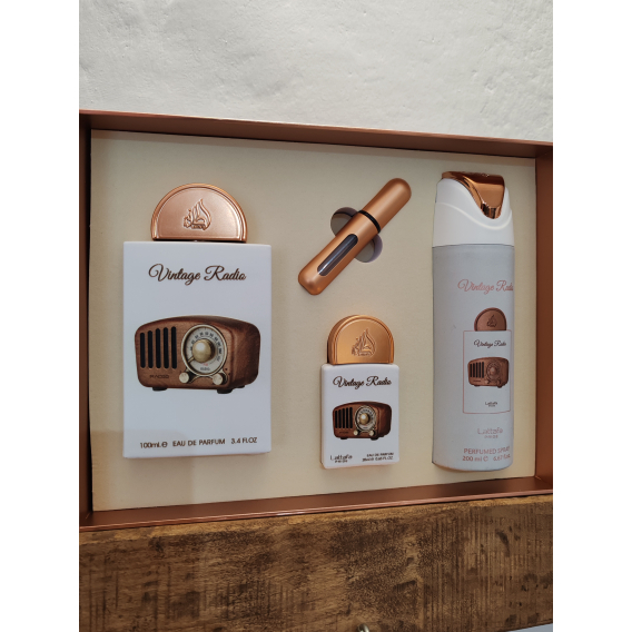 Obrázok pre Lattafa Vintage Radio darčeková sada EDP 100 ml + EDP 20 ml + Perfumed Spray 200 ml + parfémový naplniteľný flakón 5ml