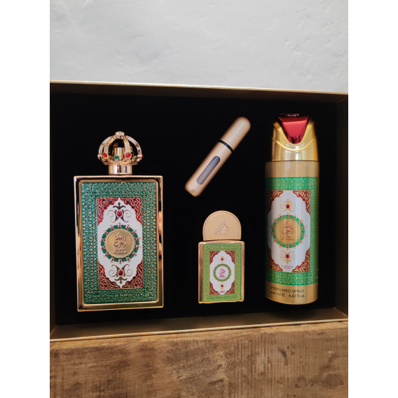 Obrázok pre Lattafa Queen of Arabia darčeková sada edp 100ml + edp 20ml + Perfumed Spray 200ml + parfémový naplniteľný flakón 5ml